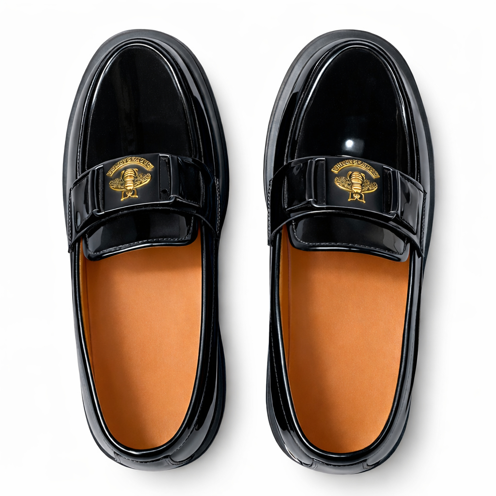 Quality Men Glossy Patent Leather Loafers with Metal Detail